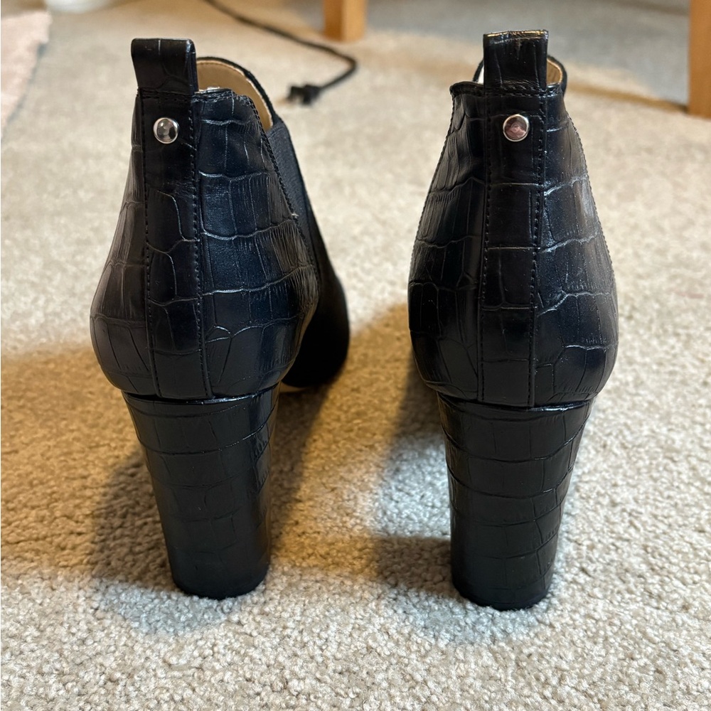 Marc Fisher Black Suede Peep Toe Croc-Embossed Block Heel Booties - Picture 4 of 6